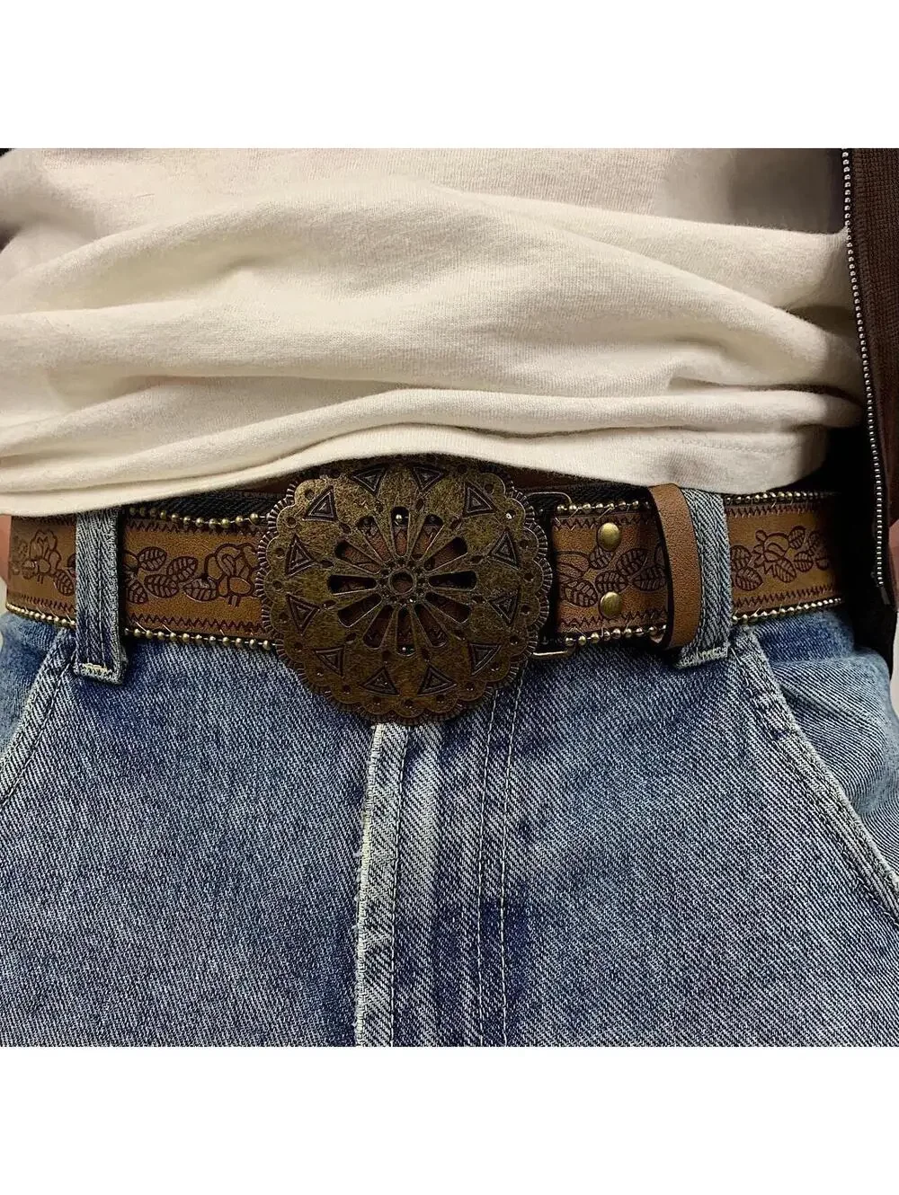 Y2k style American Western Belt Buckle vintage style floral gold beaded boho bro